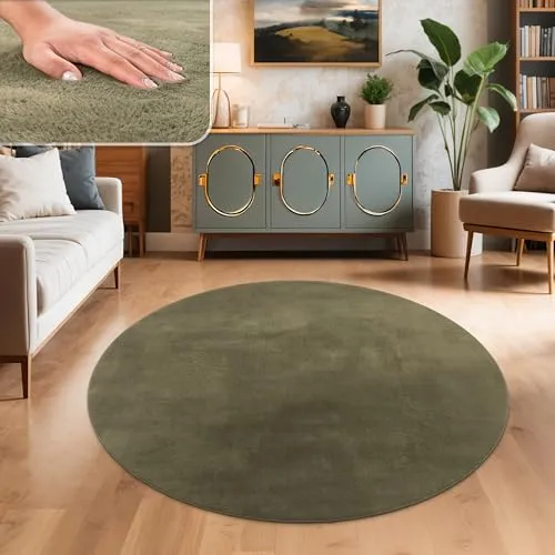 Paco Home Teppich Wohnzimmer Kunstfell weich waschbar modern elegant pflegeleicht Felloptik Uni Seidenglanz flauschig Kurzflor, Farbe:Grün, Grösse:80 cm Rund