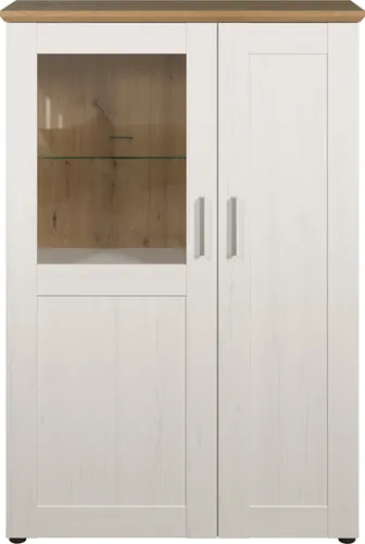 trendteam smart living Shade Vitrine - Andersen Pine Weiß/Artisan Eiche - Glasvitrine mit 7 Fächern und silberfarbenen Griffen, FSC-zertifiziert für verantwortungsvolle Waldwirtschaft und ideal für stilvolle Wohnräume.