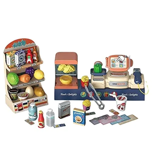 Coemo Kaufladenkasse 'Nico' - Spielkasse mit Scanner und 42 Zubehörteilen - Kaufläden & Zubehör mit 2in1 Spielkasse und Verkaufsstand für Kinder ab 3 Jahren, inklusive Scanner, Sound und realistischen Spiellebensmitteln für kreatives Rollenspiel.