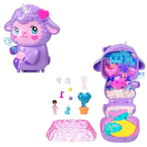 Polly Pocket Puppen und Spielset, Traumland-Schatulle in Lammform, Reisespielzeug mit 1 Minipuppe, Haustier-Einhorn, Futter- und Stylingzubehör, JCB15