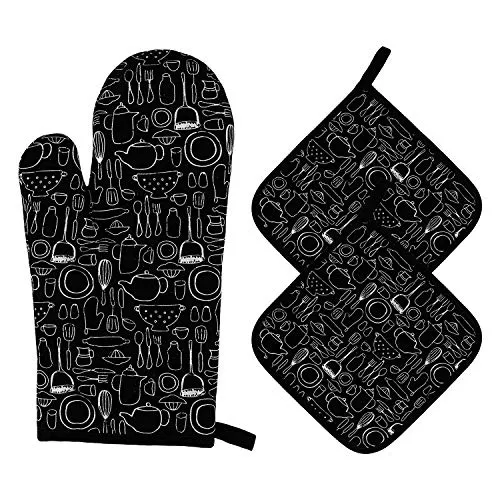 Ofenhandschuhe und Topflappen Set Backhandschuhe Hitzebestaendig 1Topfhandschuhe und 2 Topflappen Kochhandschuhe für Küche Kochen Backen BBQ Grillen 3 Stück (Schwarz)