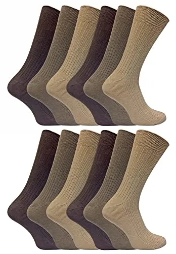 12er Pack Herren 100% Baumwolle Socken | Sock Snob | Atmungsaktive und Weiche Gerippte Schwarz Socken (39-45, Braun)