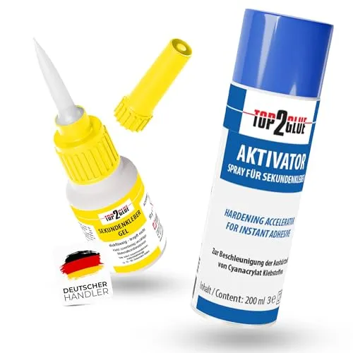 Top2Glue XXL Aktivator Sekundenkleber extra stark wasserfest + temperaturbeständig - Cyanacrylat Alleskleber Set 50g Kleber + 200ml Spray für Metall, Holz, Glas, Gummi, Kunststoff, Modellbau (gel)