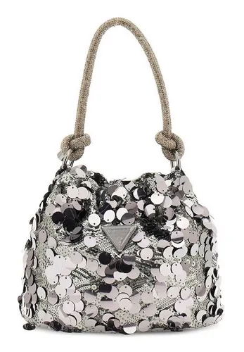 Guess Holiday Bucket Bag Silber HWEM9538750-PEW - Elegante Umhängetasche aus hochwertigem Polyester in schimmerndem Silber, ideal für festliche Anlässe und stilvolle Outfits.