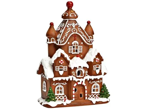 LED Lebkuchenhaus aus Poly in Braun B13cm H20cm T9cm Miniatur Winterwelt Weihnachtsdeko leuchtendes Dekohaus für Tisch Fensterbank Weihnachtsdorf festliche Dekoration Sammlerfigur Geschenkidee