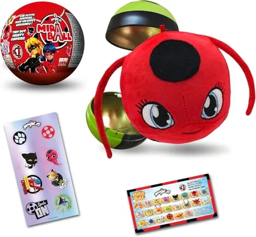 Miraculous Ladybug, 4-1 Überraschungs-Miraball, Spielzeug für Kinder mit Sammelfigur, Metallball, Kwami-Plüsch, glitzernden Aufklebern und weißem Band (Wyncor), 1 Stück