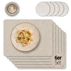 Tischsets mit Glasuntersetzer 6er Set Beige Leinen Stoff-Optik - Elegante 6er Set Tischsets mit Glasuntersetzern in Leinen-Optik. Hergestellt aus robustem, abwaschbarem PVC, bieten sie eine stilvolle und praktische Lösung für jeden Tisch. Ideal für Küche, Esszimmer oder Balkon.