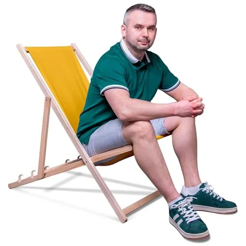 DreamRoots Klappbarer Liegestuhl aus Buchenholz - Robuste Liege für drinnen und draußen, bis 130 kg belastbar, mit 3-fach verstellbarer Rückenlehne und abnehmbarem, waschbarem Bezug aus reißfestem Polyester.