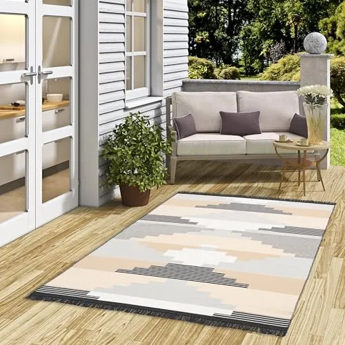 Pergamon Designer Teppich Beidseitig Flachgewebe Ethno Kelim Grau Beige Style, Teppich Läufer, Teppich Pflegeleicht und Waschbar in 5 Größen