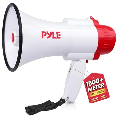 Pyle Megafon 30W mit Sirene und Mikrofon – 730 m Reichweite, Faltbar Mini Lautsprecher für Durchsagen, Fußball, Event, Demo, Kinder und Erwachsene