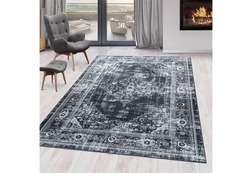 Teppich FIESTA 4301, BLACK, 80 x 150 cm - Moderner, waschbarer Teppich im Orient Vintage Design, rutschhemmend und ideal für jeden Raum. Pflegeleicht und OEKO-TEX® zertifiziert.