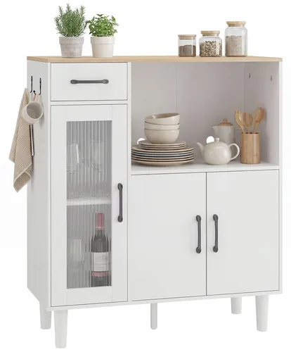 Sideboard Küchenschrank mit Schublade und geriffelter Acrylglastür, 80 x 34 x 91 cm in Weiß+Eiche