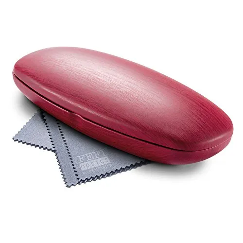 FEFI Schönes Hardcase Brillenetui in Holz-Optik mit Metallscharnier und Schnappverschluß - Inklusive hochwertigem Brillenputztuch/Mikrofasertuch (Rotbraun)