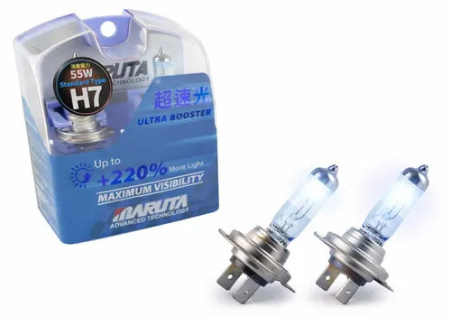 MARUTA KFZ-Ersatzleuchte ULTRA BOOSTER H7 - Autolampen mit 220% mehr Licht für maximale Sicht. Langlebige Halogenlampen im modernen Xenon Look, ideal für sicheres Fahren bei Nacht.