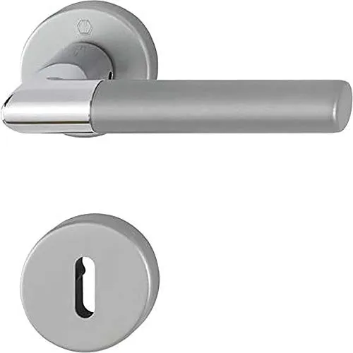 Hoppe Lecce Aluminium-Rosetten-Türgriff-Garnitur 1405/42KV/42KVS - Verchromt & Stahlfarben Matt - Hochwertige Türgriff-Garnitur aus Aluminium für Innentüren, ideal für langlebige Nutzung. Mit eleganten Schlüsselrosetten und wartungsfreien Gleitlagern.