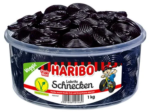 Haribo Lakritz Schnecksen 1kg Dose - Fruchtgummis & Marshmallows, beliebte Lakritzsüßigkeit aus Deutschland, ideal für Naschkatzen und Lakritzliebhaber.