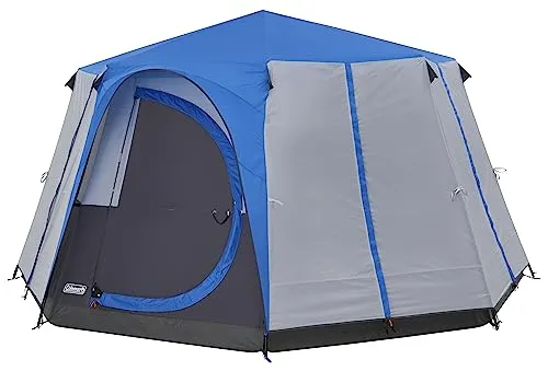 Coleman Octagon Zelt für 8 Personen - Familien Camping Festival Zelt - Geräumiges 8-Personen Zelt in klassischem Blau/Grau, feuerhemmend und wasserdicht (2000mm), ideal für Familien und Festivals.