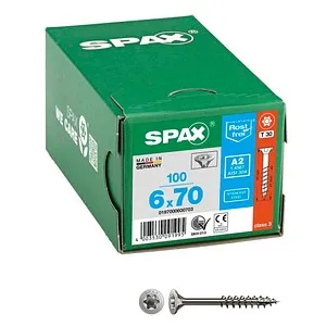 SPAX Universalschrauben T30 Senkkopf Edelstahl A2 6 mm x 70 mm, 100 St. - SPAX Universalschrauben T30 Senkkopf aus Edelstahl A2, 6 mm x 70 mm, 100 St. - ideal für zuverlässige Verbindungen. Der Senkkopf sorgt für eine saubere Optik und die 4CUT-Spitze minimiert Materialbeschädigungen. Perfekt für vielseitige Bauprojekte!