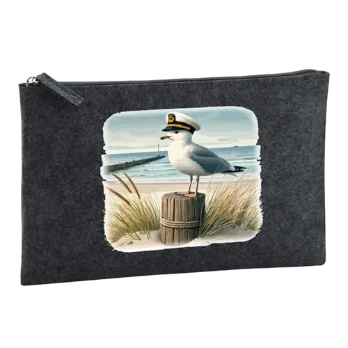 Huuraa Kulturbeutel Käpitän Möwe Strand Küste 1 Liter Charcoal Filz Kosmetiktasche Geschenkidee