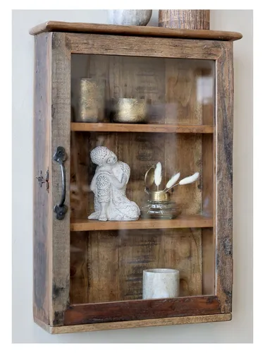 Chic Antique Wandregal - Nostalgischer Wandschrank mit Glastür - Wandregal aus recyceltem Holz der Grimaud Serie, einzigartig in Form und Farbe, bringt Wärme und Geschichte in Ihr Zuhause.