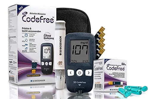 SD CodeFree Vorteilspack Blutzuckermessgerät Set mit 60 Blutzuckerteststreifen 110 Blutlanzetten, Stechhilfe, Tagebuch, Etui