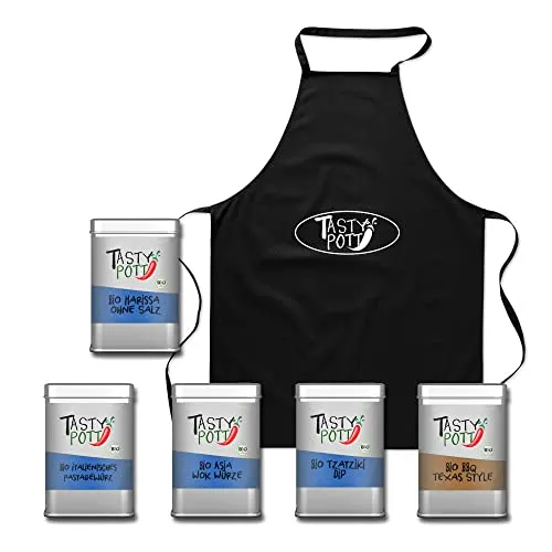 Tasty Pott Gewürz-Sets - Gewürze für jede Küche I Pfeffer I Salz I Gewürzdose I Gewürzmischungen I Geschenk I Geschenksets I Bio Gewürze I Kochschürze (Set 4 Bio - Internationale Würze für Zuhause)