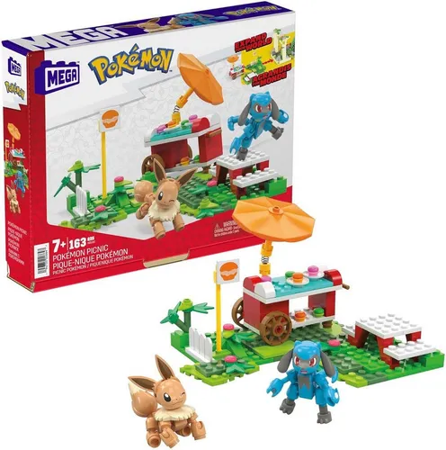 Mega Construx Pokémon Picknick Abenteuer Bauset - Klemmbausteine für kreative Kinder ab 7 Jahren, mit einem Imbisswagen für Evoli und Lucario und der Möglichkeit, mit anderen Sets eine erweiterte Pokémon-Welt zu erschaffen.