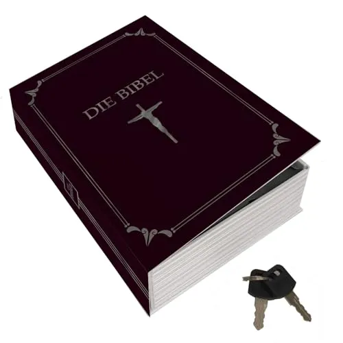 Bibel Booksafe L – Eleganter Bücherversteck in Rot mit Goldverzierungen - Bibel Booksafe L in kunstvollem Rot mit goldenen Mustern und Kreuzsymbol. Ideal zur sicheren Aufbewahrung Ihrer wertvollen Gegenstände – stilvoll und diskret in Ihrem Bücherregal integriert.