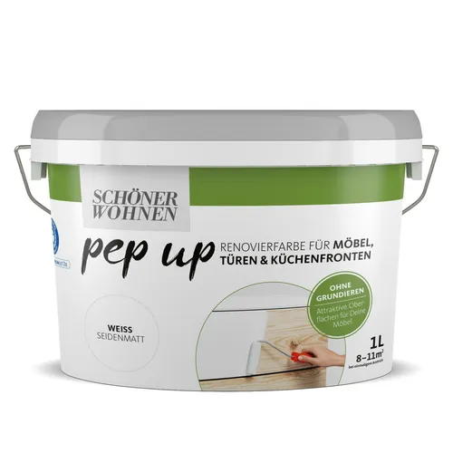 Pep up Renovierfarbe für Möbel Türen und Küchenfronten weiß seidenmatt 1 l - Küchen- & Badezimmerfarben, ideal zum Auffrischen von Möbeln ohne Grundierung. Verleihen Sie Ihren Küchenfronten und Türen ein neues, modernes Aussehen!