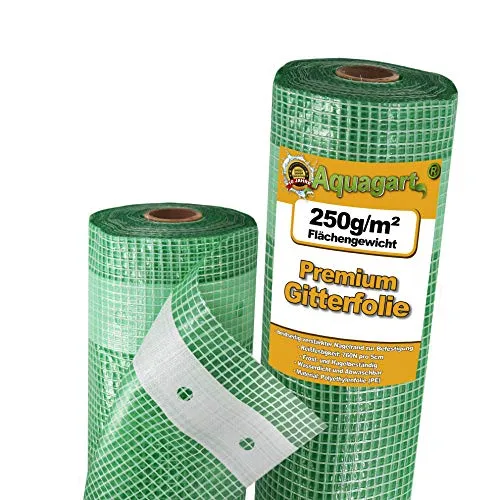 Reißfeste Gewächshaus-Folie Gitterfolie mit Nagelrand von Aquagart I UV-Stabile Folie für Tomatenhaus Frühbeetfolie I Gewebefolie Gartenfolie Grün 250g (6m, grün/transparent 2,0m breit)