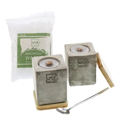 UNUS Beton-Feuer Outdoor, Set mit 2x eckige Beton Kerze, 100g Nachfüllwachs, Löschbretter und Löffel zum Nachfüllen, Tischkamin mit Dauerdocht, Tischfeuer Recycling Kerzenwachs