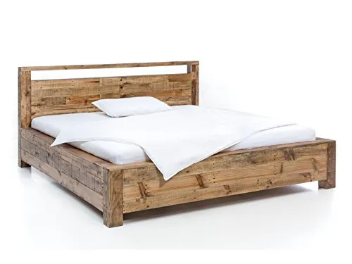 Woodkings Holzbett 180x200 Havelock - Rustikales Doppelbett aus recyceltem Pinienholz, handgefertigt und einzigartig, ideal für ein stilvolles Schlafzimmer. Lieferung per Spedition bis zur Bordsteinkante.