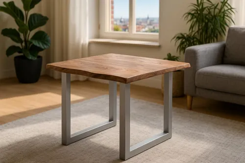 SAM Esszimmertisch 80x80 cm Laurina - Eleganter Baumkantentisch aus massivem Akazienholz mit individueller Maserung und robustem U-Metallgestell. Pflegeleicht und ideal für ein warmes Ambiente in jedem Essbereich.