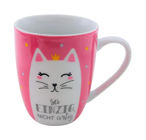 Dekohelden24 Tasse Kaffeebecher/Tasse aus Porzellan, Motiv: Katze Sei einzig, nicht artig, 1-tlg., Porzellan, Größe H/Ø: 10 x 8 cm, Fassungsvermögen 250 ml, Spülmaschinengeeignet.
