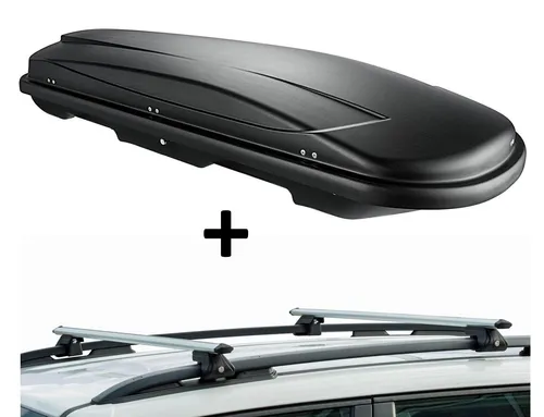 Dachbox JUXT600L mit Dachträger CRV135 für Jeep Patriot 07-12 - Praktisches Dachboxenset mit 600 Litern Stauraum, ideal für 10 Skier oder 6 Snowboards. Schnelle Montage ohne Werkzeug und abschließbares System für sicheren Transport.