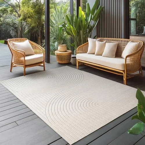 Carpettex Outdoor Teppich wetterfest, Wohnzimmer, Schlafzimmer, Garten, Balkon, Kurzflor Creme, Hoch-Tief-Effekt, weich & waschbar, pflegeleicht, 160x230 cm