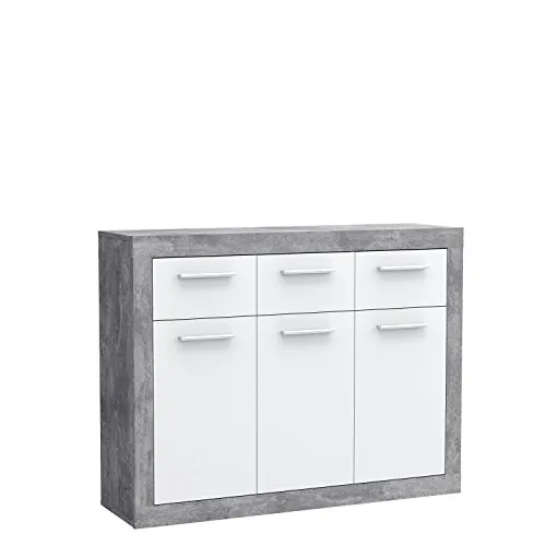 Forte BACCIO Kommode 120, Kommode mit 3 Türen und 3 Schubladen, Holzwerkstoff, Betonoptik Lichtgrau Holzdekor / Weiß, 117,9 cm breit x 91,5 cm hoch x 34 cm tief