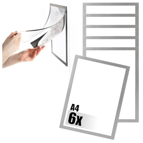 com-four® 6x Magnetrahmen DIN A4 selbstklebend - Dokumentenhalter mit Magnetverschluss - Infotasche für Tür, Fenster, Büro, Praxis & Geschäft (silberfarben - 6x)
