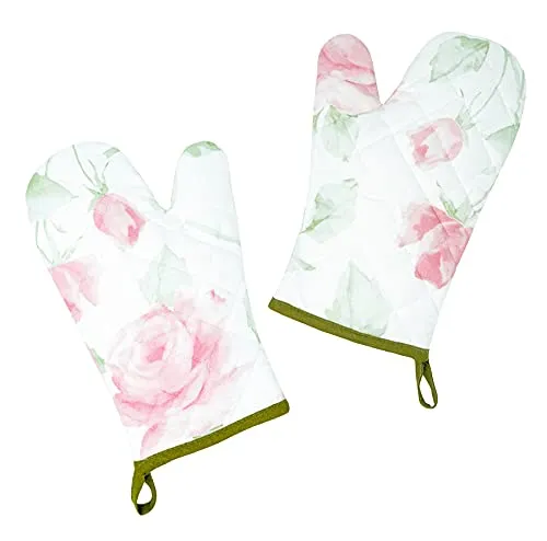 Lashuma 2X Backhandschuhe, Topfhandschuhe Damen 30x20 cm, Kochhandschuhe rosa - grün Design: Rosen