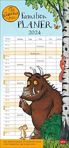 Der Grüffelo Familienplaner 2024. Witziger Kalender mit den bekannten Figuren aus dem Kinderbuch-Klassiker. Hochkant-Format: Langer Kalender mit 5 Spalten für Übersicht und Planung.