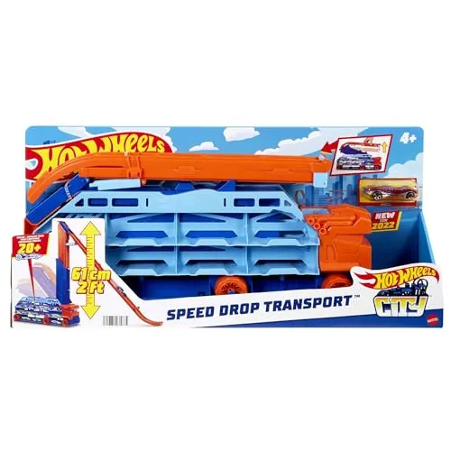 HOT WHEELS City Transporter - 20 Fahrzeuge & 60 cm Abfahrtsrampe - Fahrzeuge & Rennwagen für Kinder, mit Platz für 20 Hot Wheels Fahrzeuge und einer spektakulären 60 cm hohen Abfahrtsrampe für ultimativen Rennspaß!