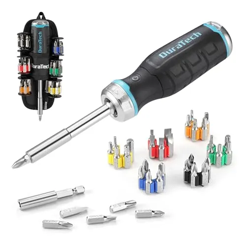 DURATECH Ratschenschraubendreher 36 Bits mit Magazine im Griff, Magnetischer Bit Schraubendreher, Schlitz Kreuzschlitz Torx Sechskant Quadra Pozidriv mit Verlängerungsstange, Tragtasche