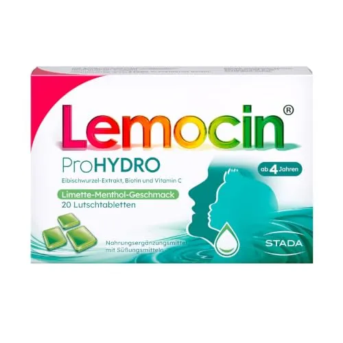 Lemocin ProHYDRO Halsschmerzen Lutschtabletten, Limette-Menthol, 20 Stück | Befeuchtet & beruhigt Hals und Rachen, zuckerfrei, Limette-Menthol, Vitamin C, Biotin & Eibischwurzel, Für Kinder ab 4 Jahren