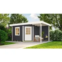 Holz-Gartenhaus Flachdach Lasiert 442 cm x 278 cm - Holz-Gartenhäuser: Modernes, lasiertes Gartenhaus mit 9,42 m² Fläche, ideal für Geräte und Möbel. Einfache Montage dank Steck- & Schraubsystem und praktischer Dachüberstand für zusätzlichen Stauraum oder Sitzfläche.