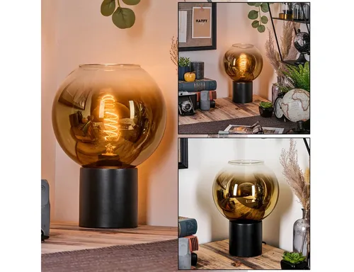 Hofstein Tischleuchte im Retro/Vintage-Design - Elegante Tischlampe aus Metall und Glas in Schwarz und Gold, ideal für stilvolle Innenräume. Der 20 cm große Glasschirm sorgt für eine angenehme Lichtatmosphäre.