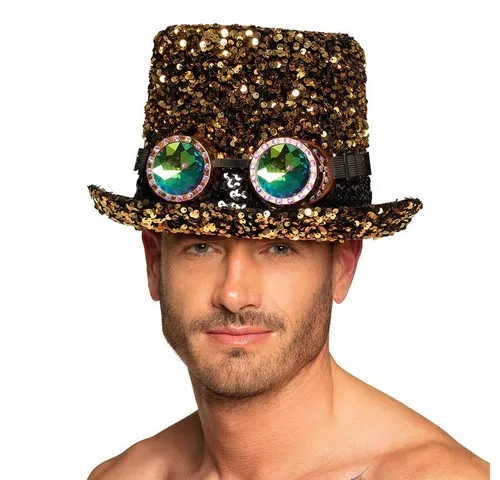 Boland Hut Desert Dream mit Brille - Kostüm-Kopfbedeckungen, glitzernder Hut mit goldfarbenen Pailletten und stylischer Brille für beeindruckende Mottopartys und Karneval.