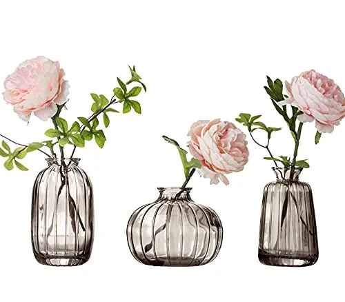 3er-Set Kleine Vasen für Tischdeko Dekorativ Glasvasen Blumenvase Set Bud Vase Grau