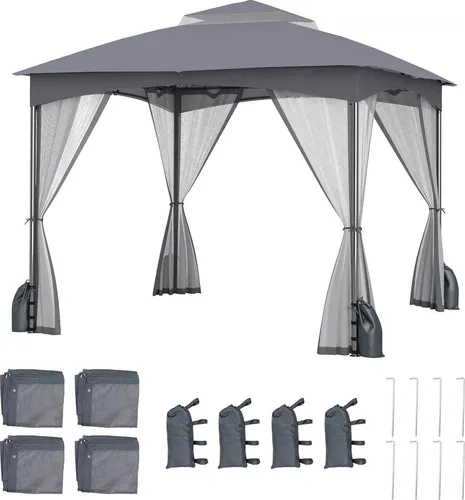 GOPLUS 3 m x 3 m Pavillon, Gartenpavillon mit Doppeldach, Netzseitenwänden, 4 Sandsäcken & 8 Erdnägeln, Pavillonzelt für Terrassen & Rasen (Grau)