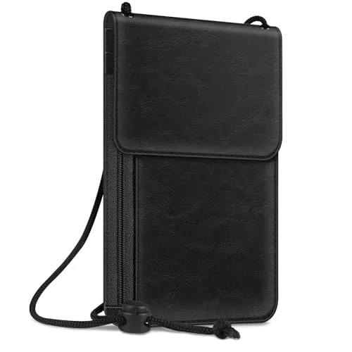 Fintie Brustbeutel, Reisepass Tasche RFID-Blockierung Reisegeldbeutel Umhängebeutel Handytasche aus Premium Kunstleder für Herren Damen Kinder Jungen Mädchen, (Schwarz)
