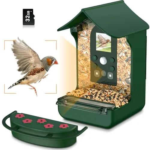 Rkdely Vogelhaus mit Kamera Vogelhaus Kamera: 1080P HD Vogelfutterhaus mit Kamera Video Automatisch Aufnehmen Vogelhäuschen Kamera Nachtsicht Bird Feeder für Garten Draußen Vogelfutterspender - Grün